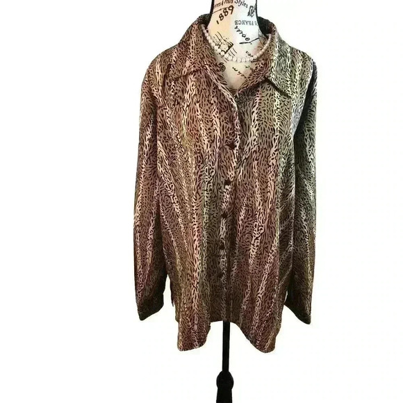 Claudia Richard Woman Size 22W/42 Brown Black Cheetah Print Button Up Blouse L/S - Picture 1 of 5